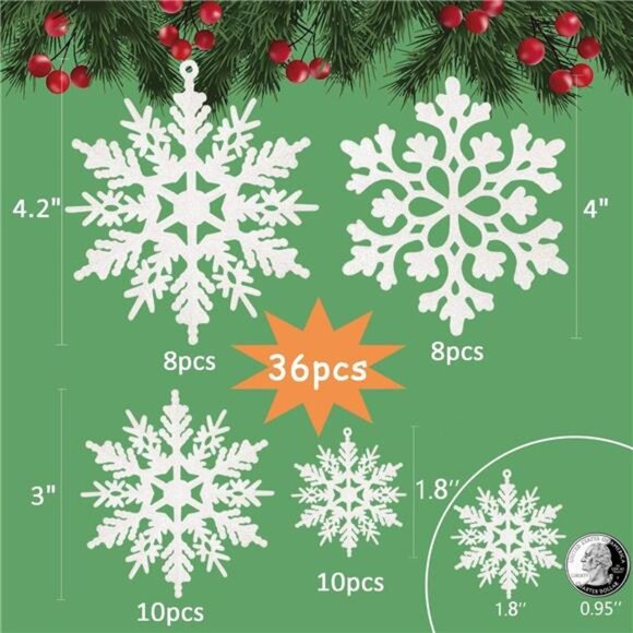 36PCS Snowflake Ornaments - Glitter White Plastic Snowflakes for Christmas Tree - Picture 6 of 7